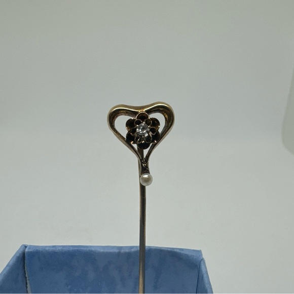Vintage / Antique 10K Yellow Gold & Diamond Heart Stick Pin, Flower, Pearl